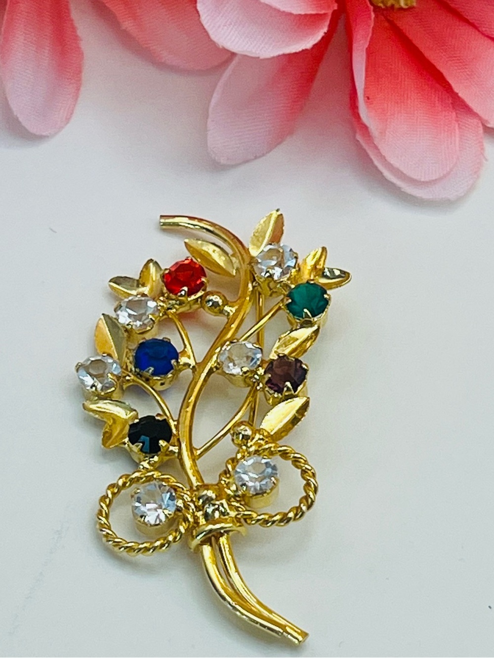 Vintage Gold Floral Multicolor Crystal Brooch - Women Jewelry